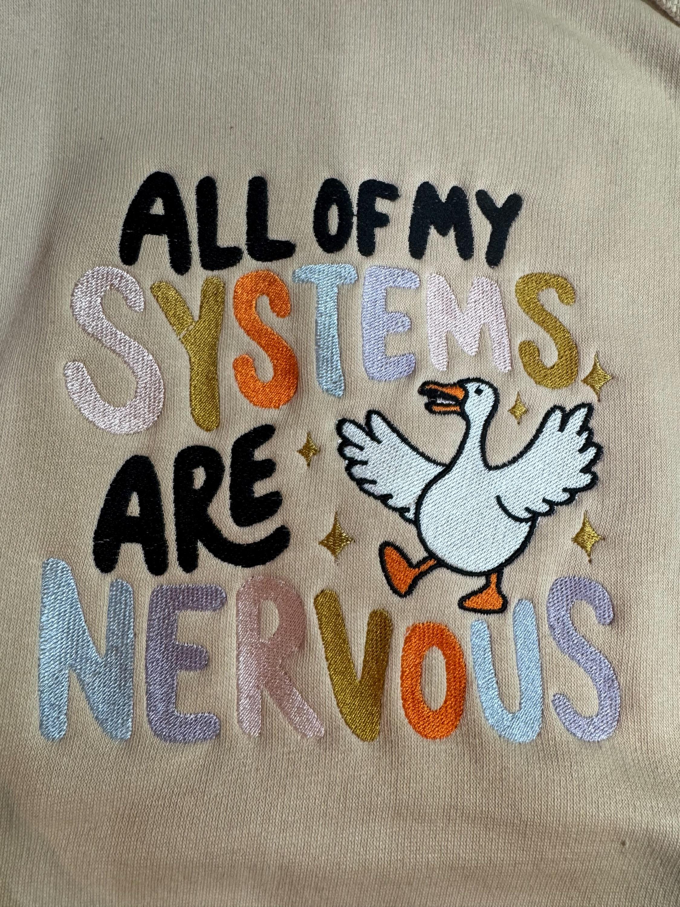 My whole system is nervous embroidery small logo chest design T-shirt unisex slogan