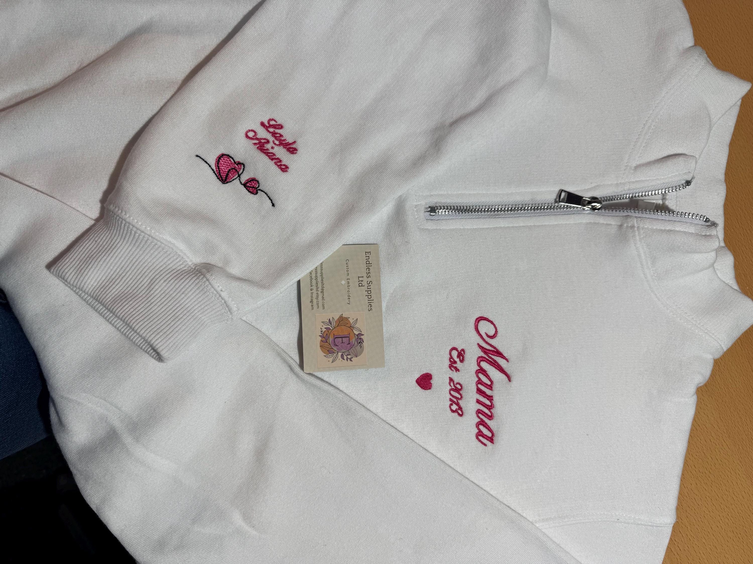 Mama embroidered 1/4 zip sweatshirt with sleeve personalisation