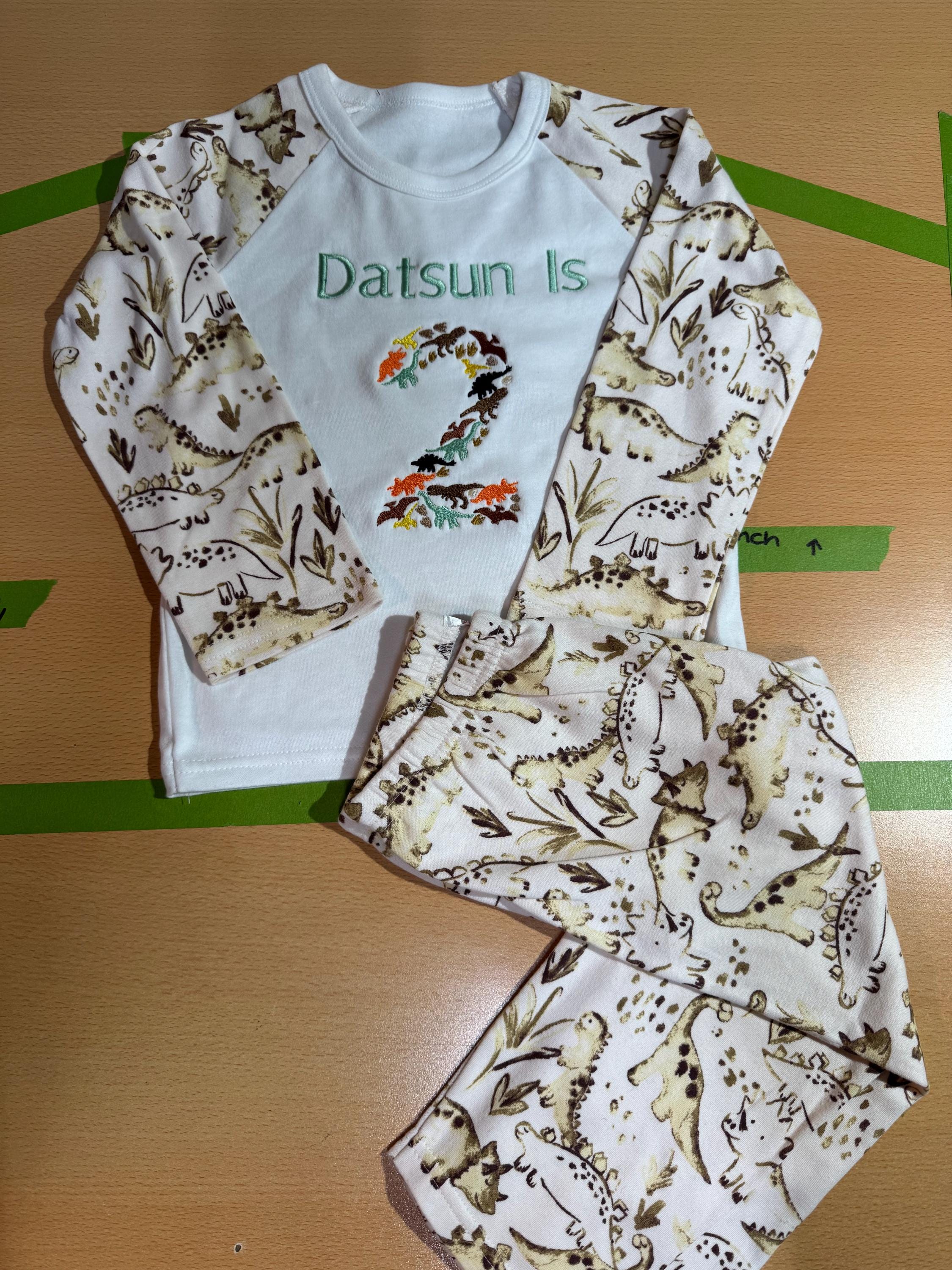 Personalised embroidered birthday dinosaur pyjamas children 1,2,3,4,5,6,7,8
