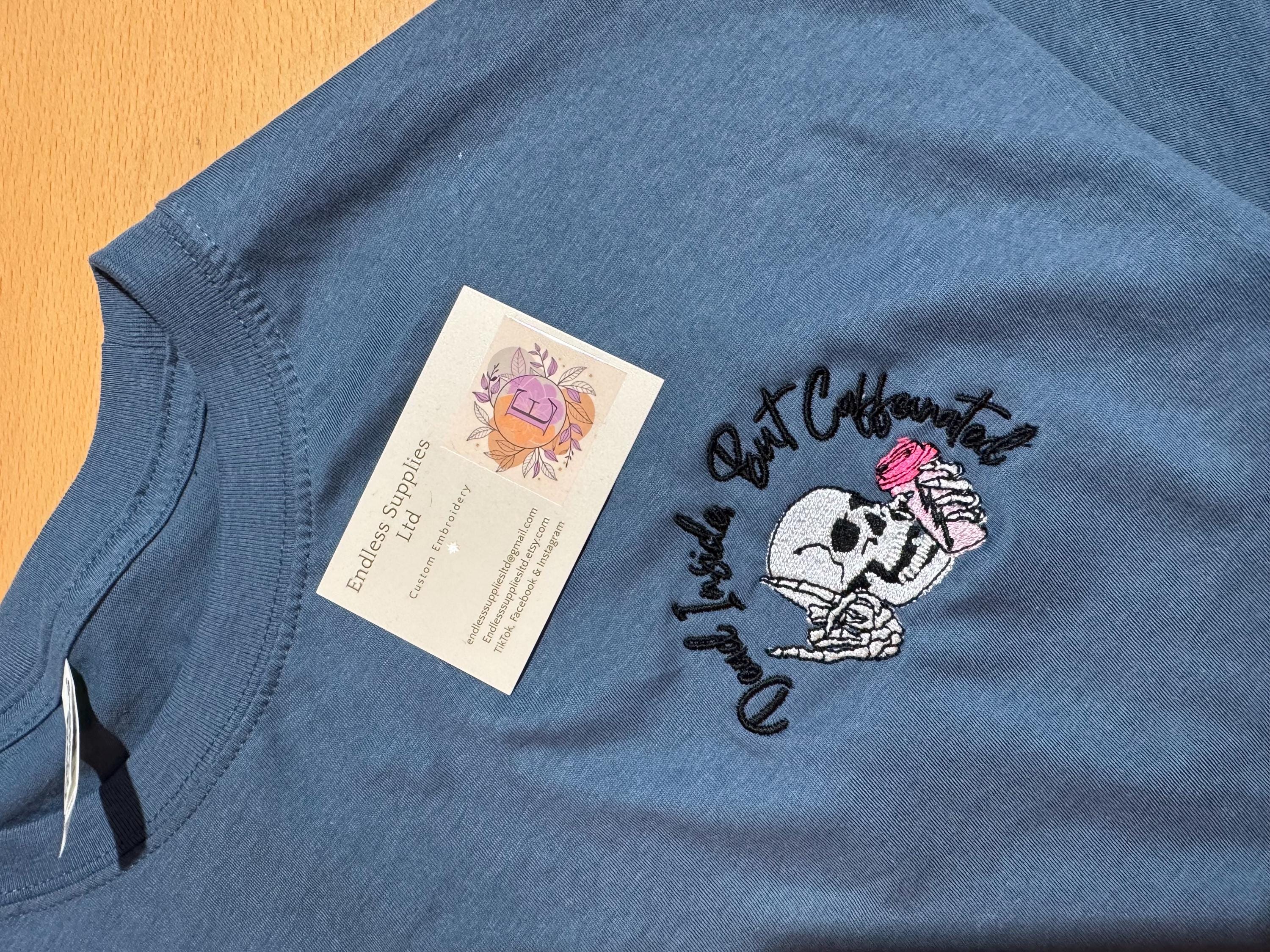 Dead inside but caffeinated funny embroidered skull tshirt