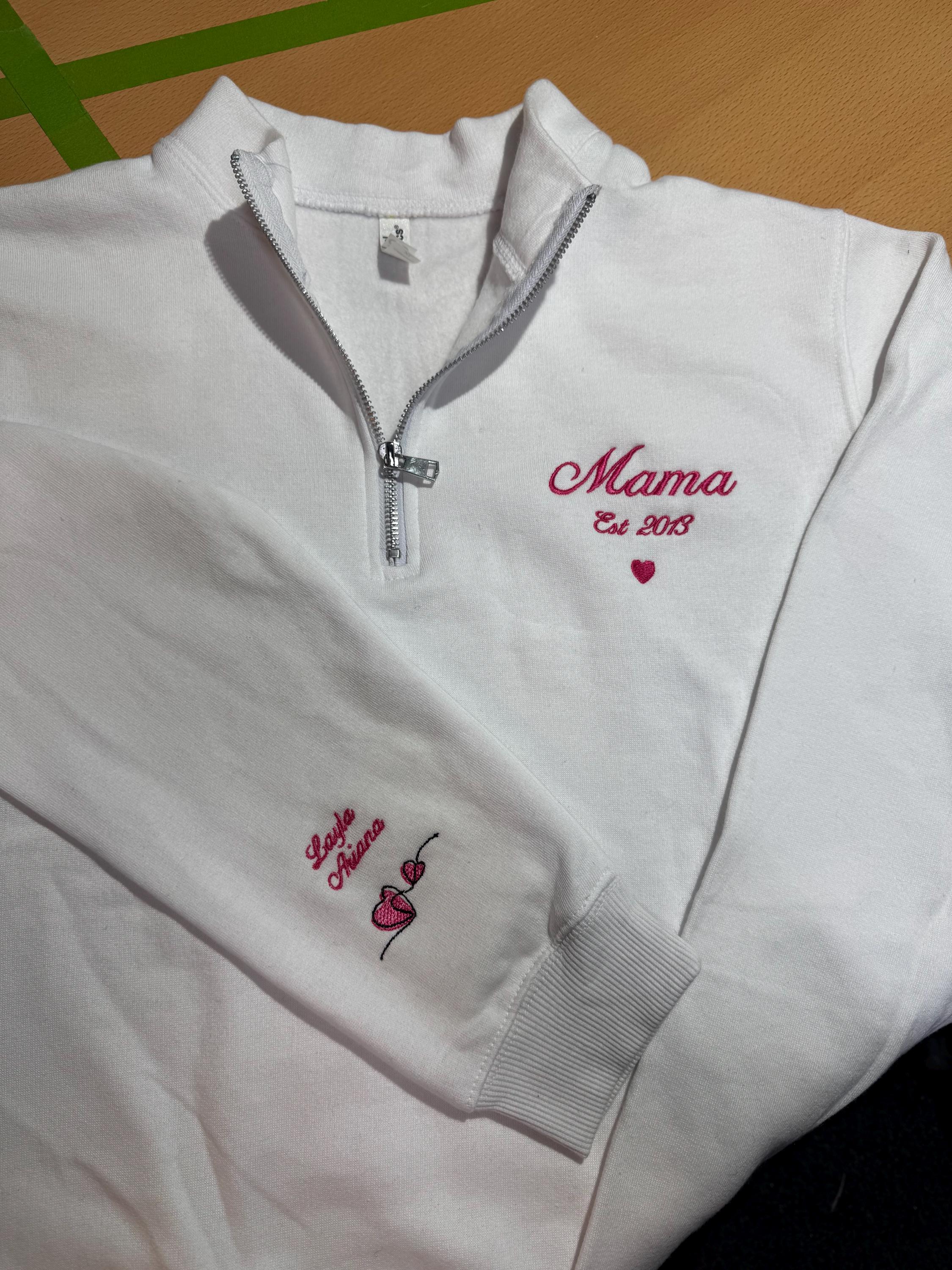 Mama embroidered 1/4 zip sweatshirt with sleeve personalisation