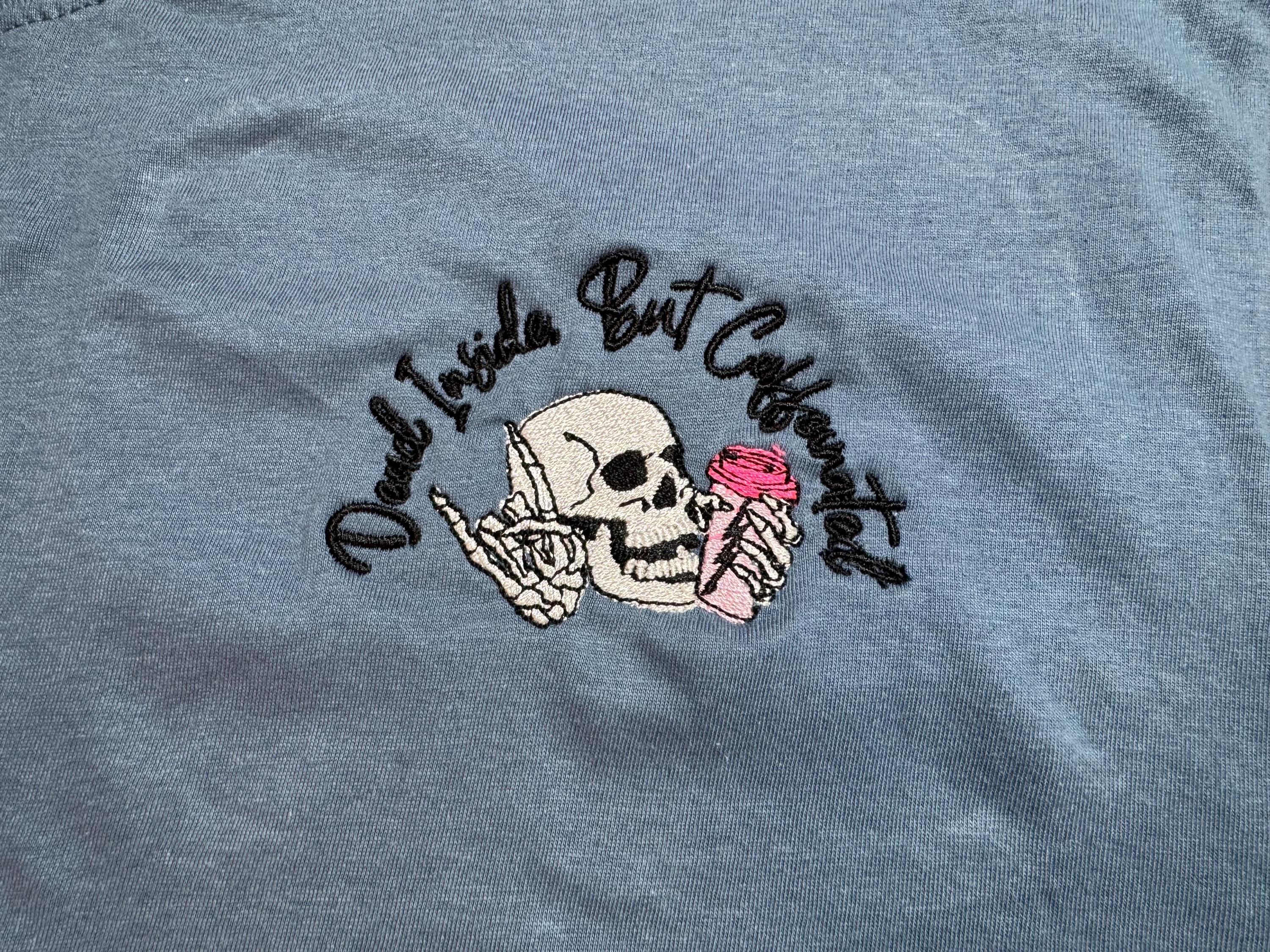Dead inside but caffeinated funny embroidered skull tshirt