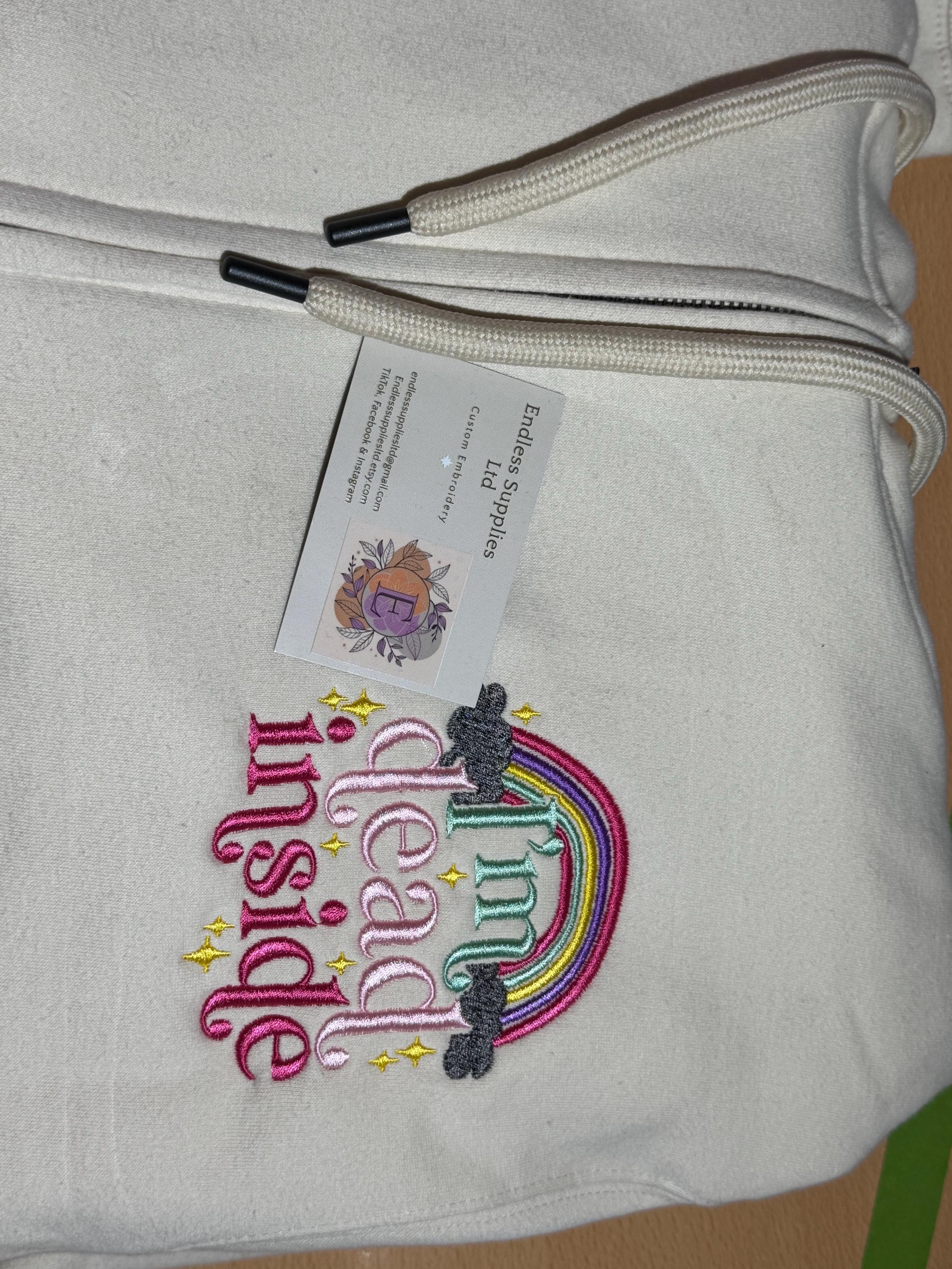 Embroidered 'Dead Inside' Rainbow Zip Hoodie