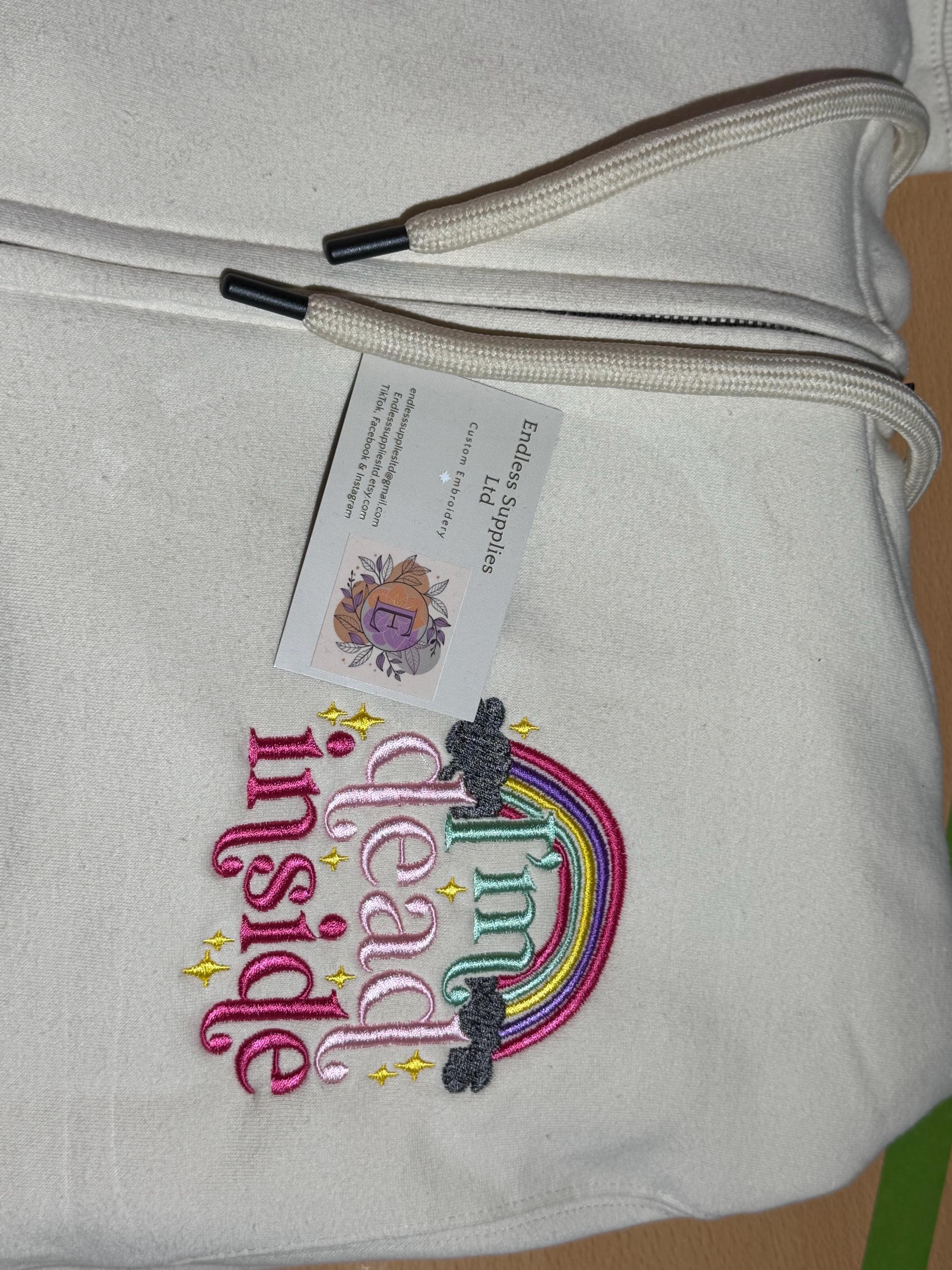 Embroidered 'Dead Inside' Rainbow Zip Hoodie