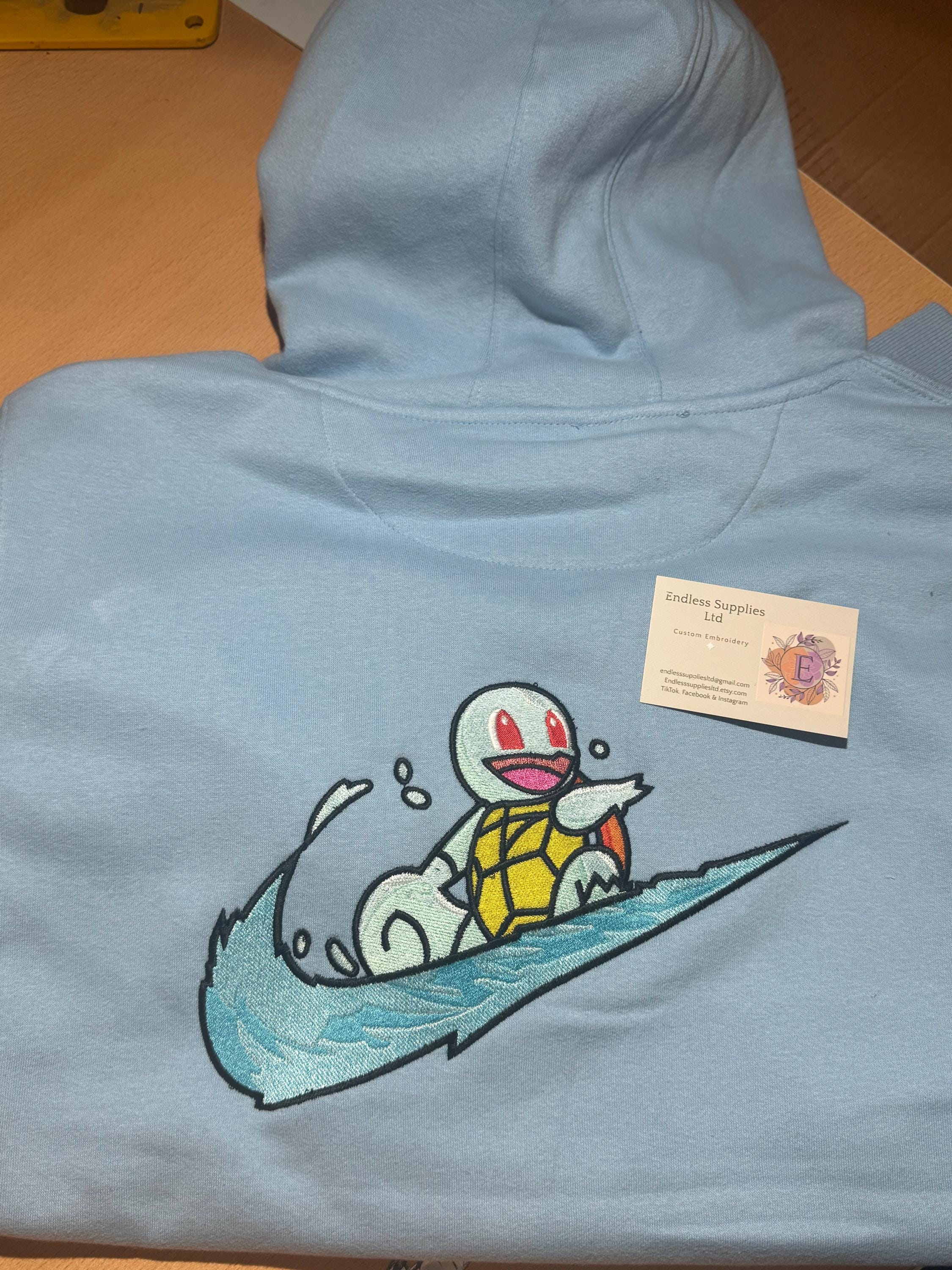 Squirtle Custom Embroidered Hoody - Front, Back and both Logo Designs - Adult and Children