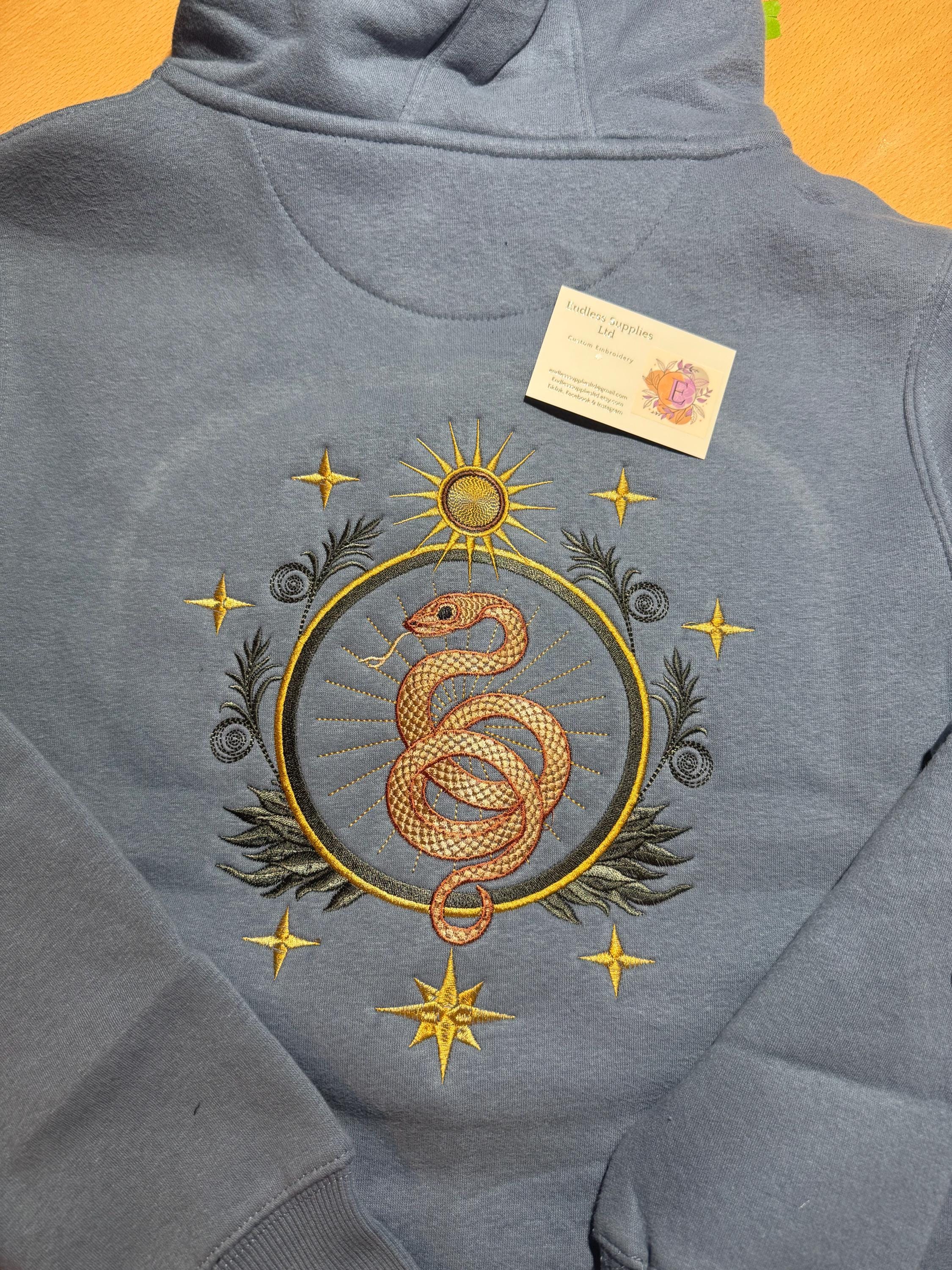 Embroidered Sun & Snake Zip-Up Hoodie