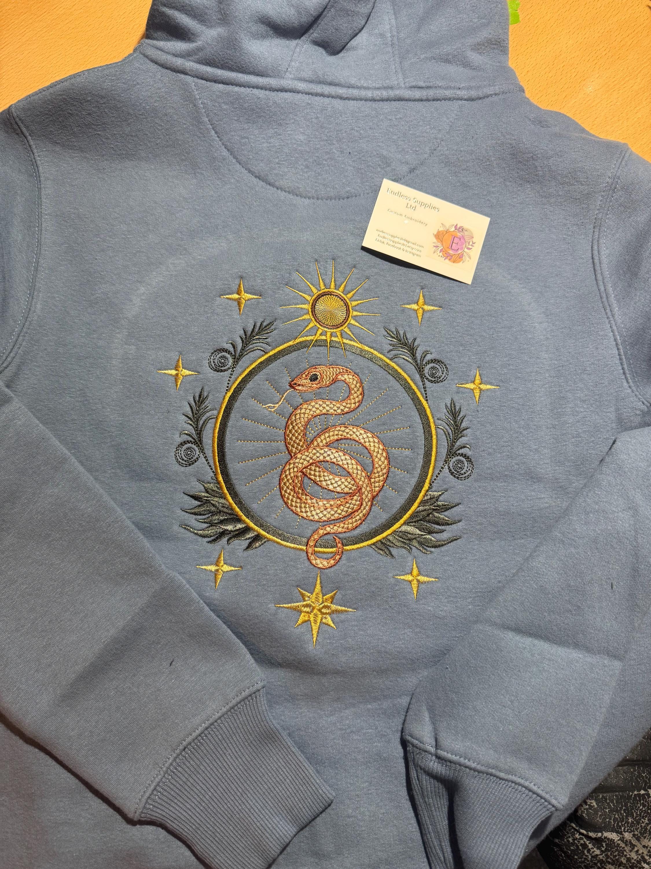 Embroidered Sun & Snake Zip-Up Hoodie