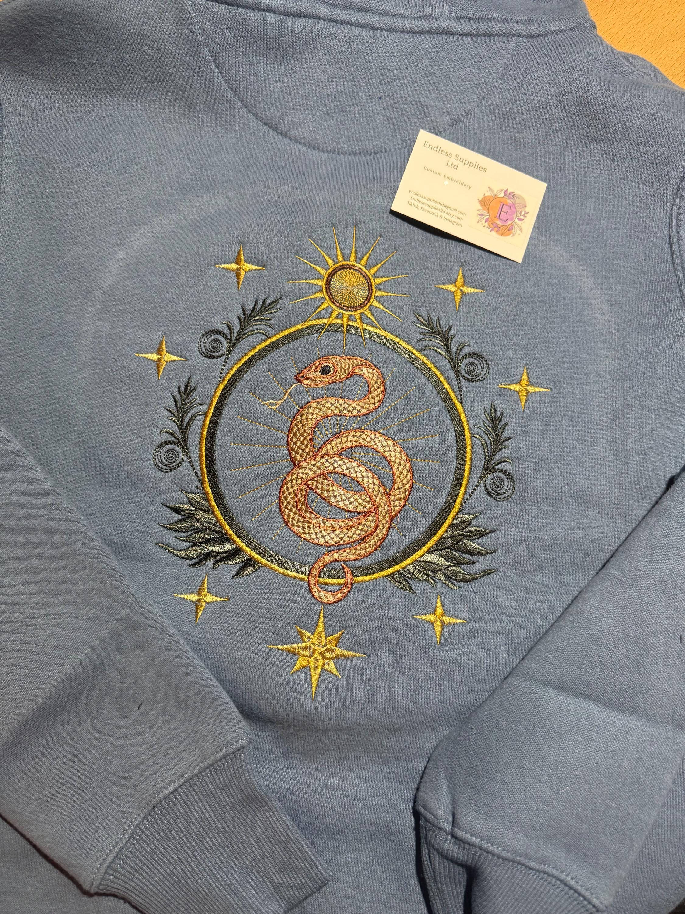Embroidered Sun & Snake Zip-Up Hoodie