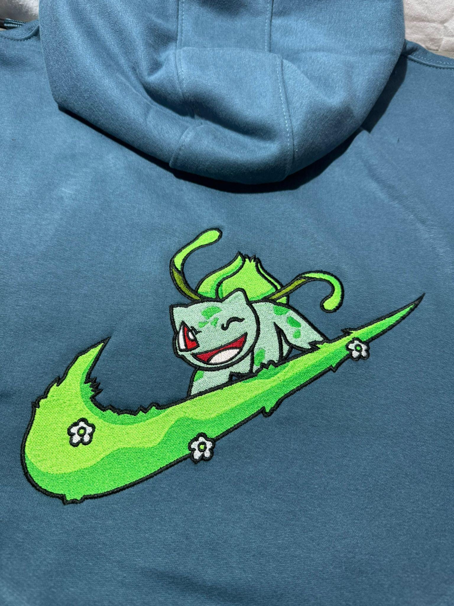 Bulbasaur Custom Embroidered Hoody - Front, Back and both Logo Designs - Adult and Children